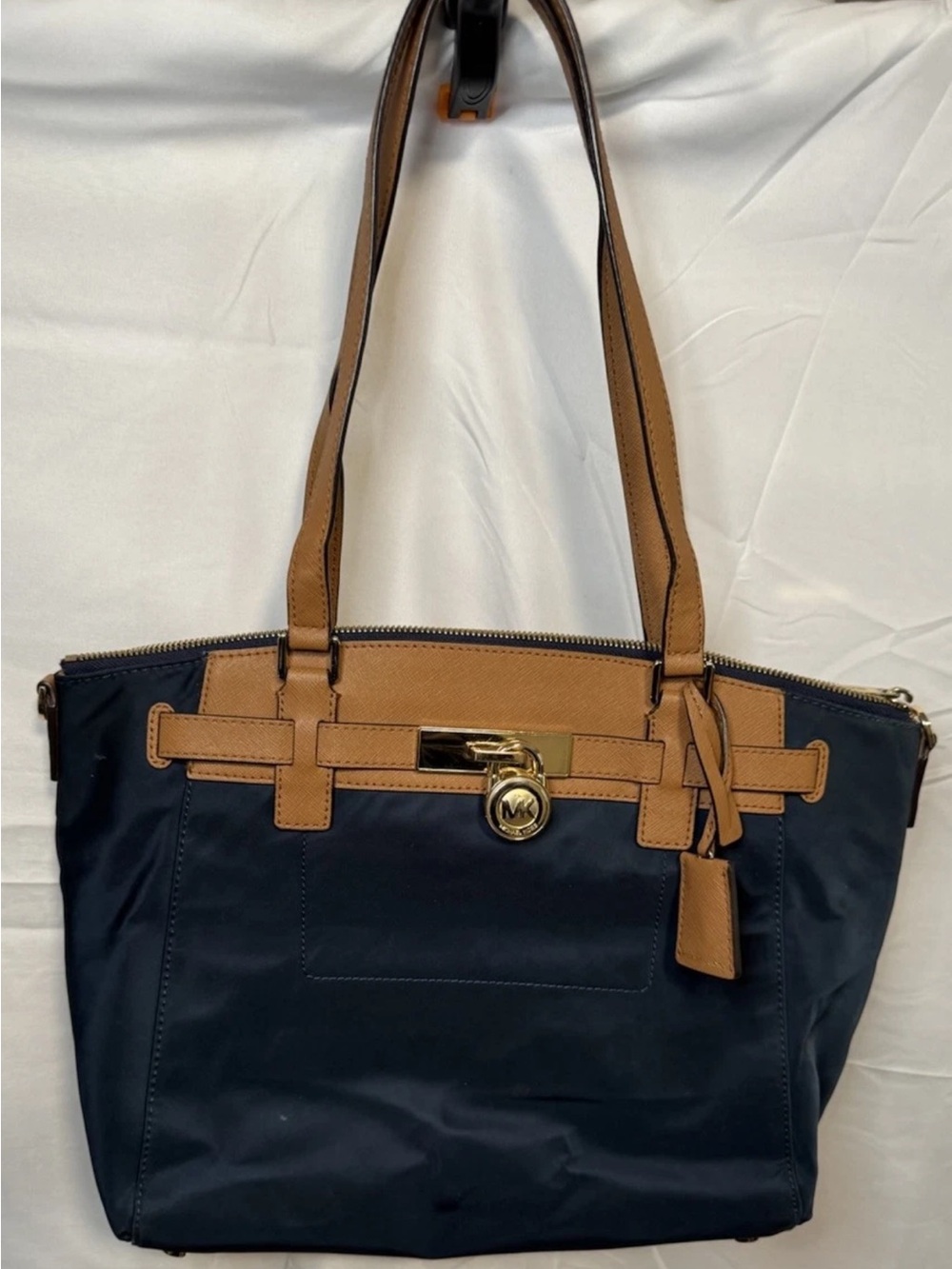Michael Kors Navy and Tan Saffiano Leather-Trim Tote with Gold Lock